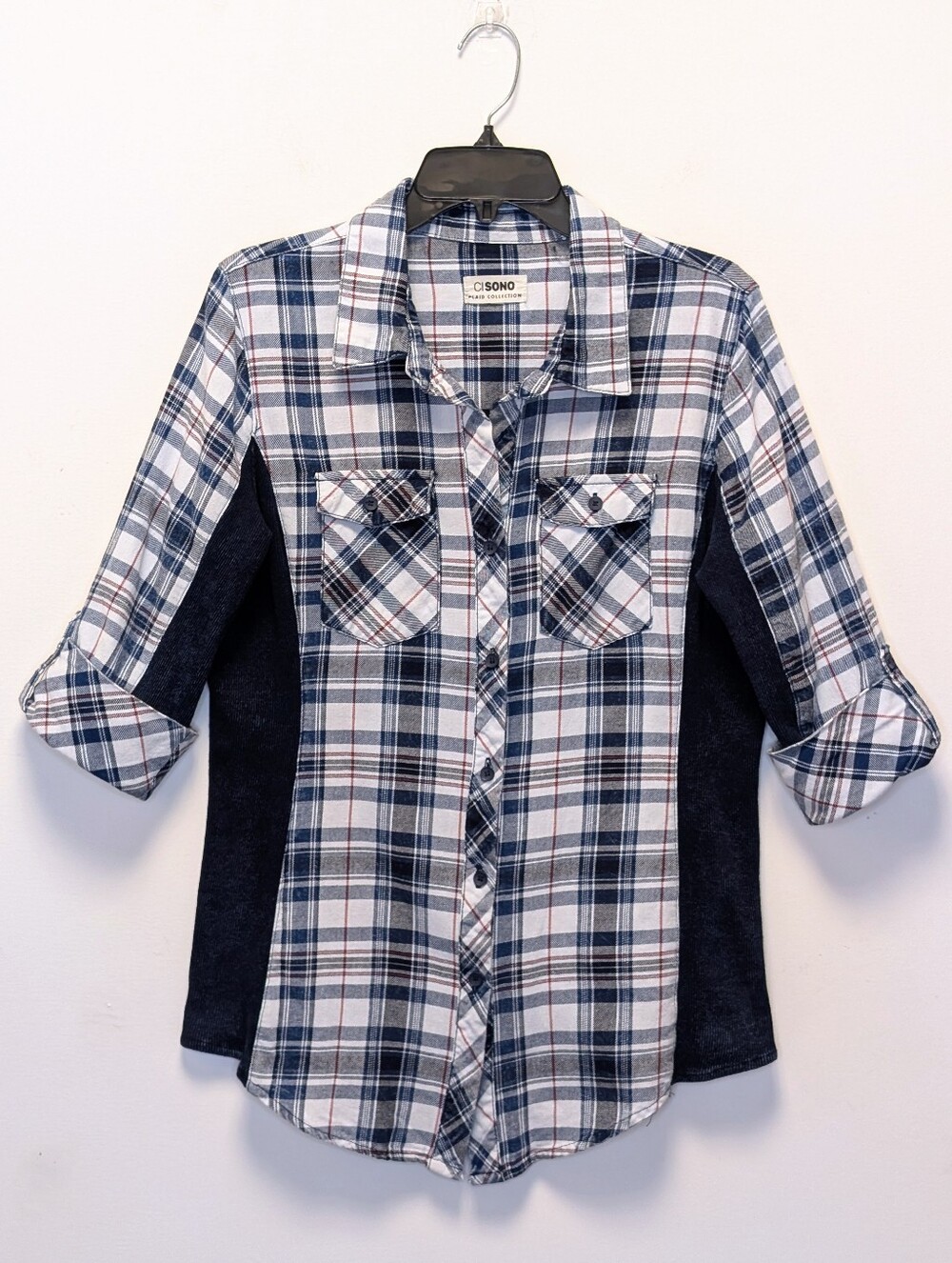 Cisono Plaid Mixed Media Western Button Down Shirt Size L
